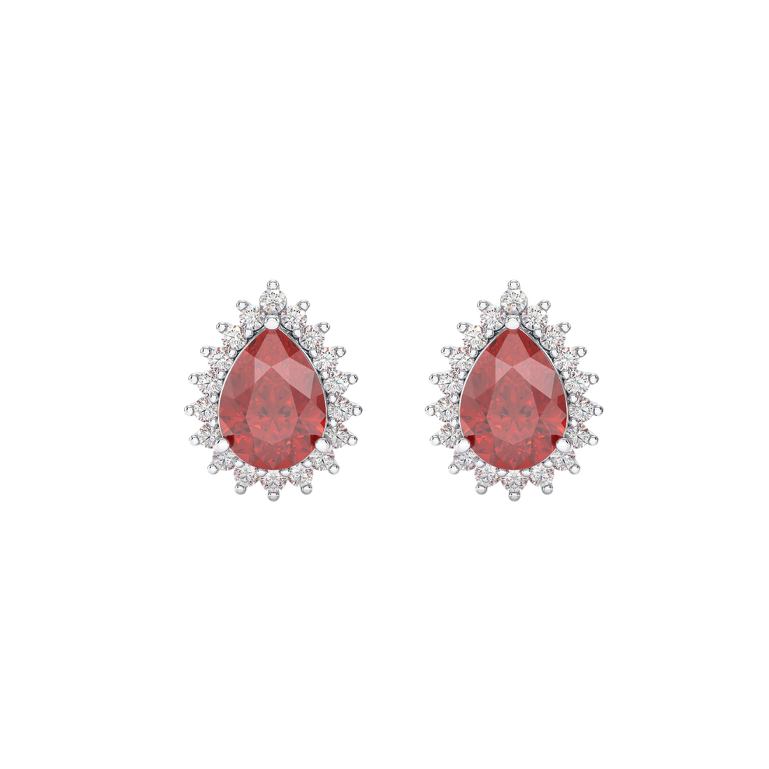 Pear Ruby Sunburst Earrings White Gold Platinum Front View