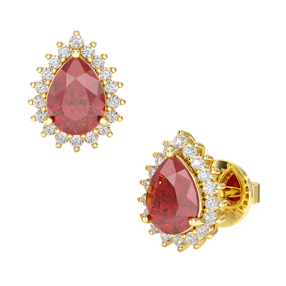 Pear Ruby Sunburst Earrings Yellow Gold Front &amp; Side View