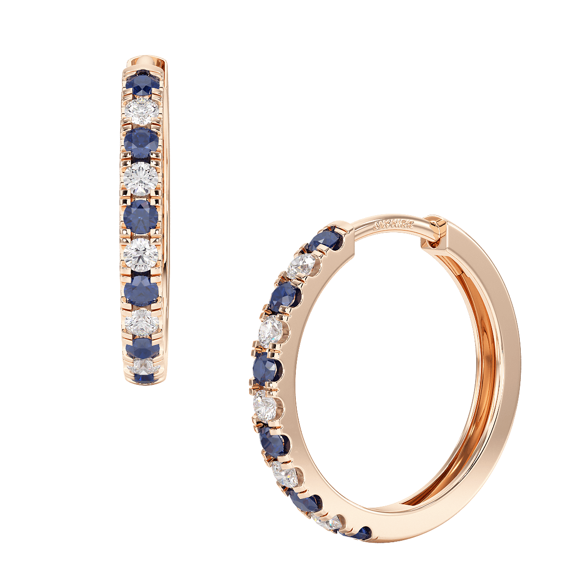 Blue Sapphire Hoop Earrings Rose Gold Front &amp; Side View