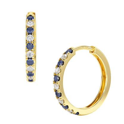 Blue Sapphire Hoop Earrings Yellow Gold Front &amp; Side View