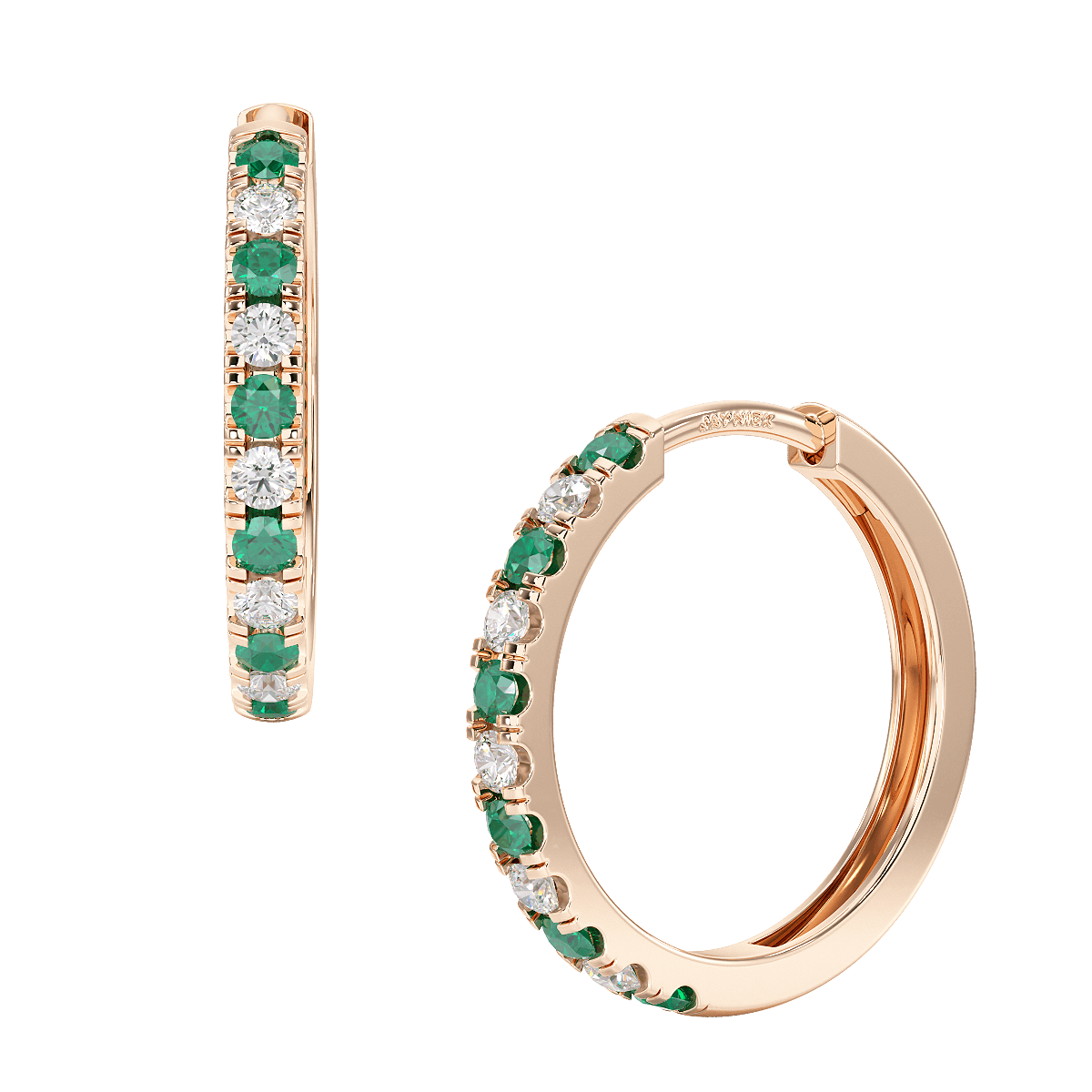 Emerald Hoop Earrings Rose Gold Front &amp; Side View