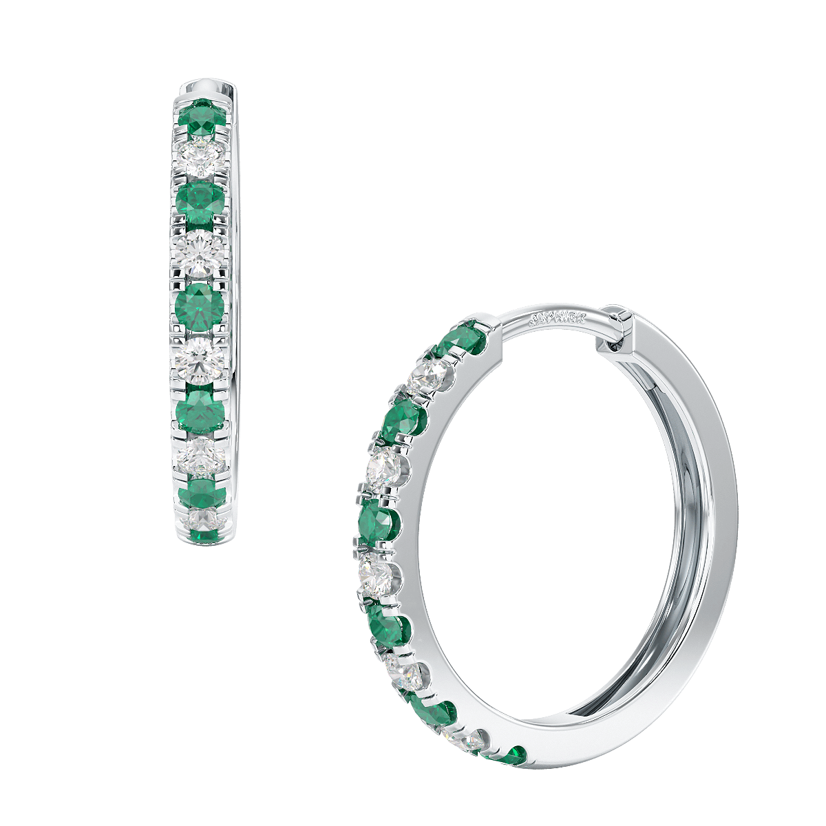 Emerald Hoop Earrings White Gold Platinum Front &amp; Side View