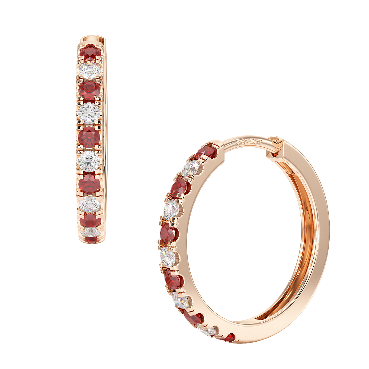 Ruby Hoop Earrings Rose Gold Front &amp; Side View