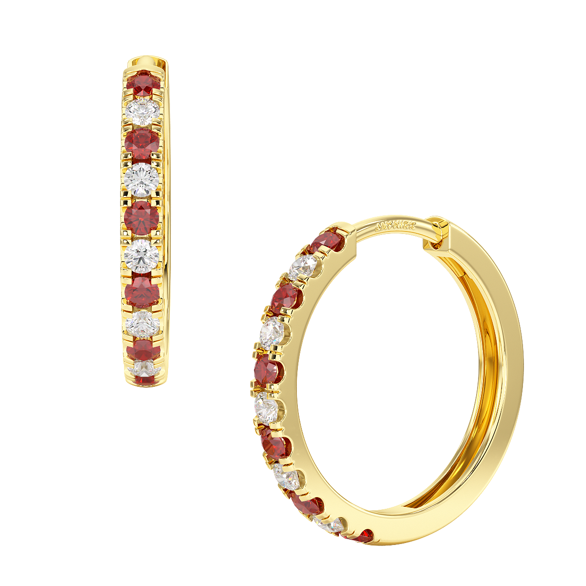 Ruby Hoop Earrings Yellow Gold Front &amp; Side View