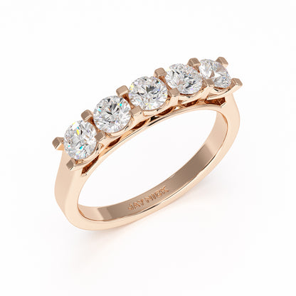 Round V Set Five Stone Rose Gold Ring Perspective View