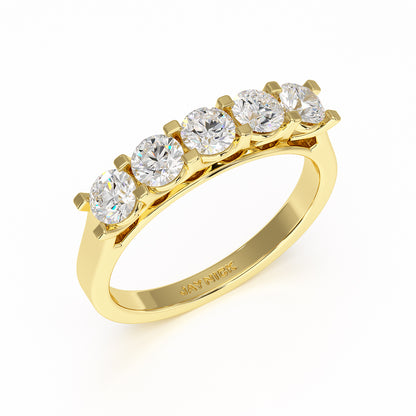 Round V Set Five Stone Yellow Gold Ring Perspective View