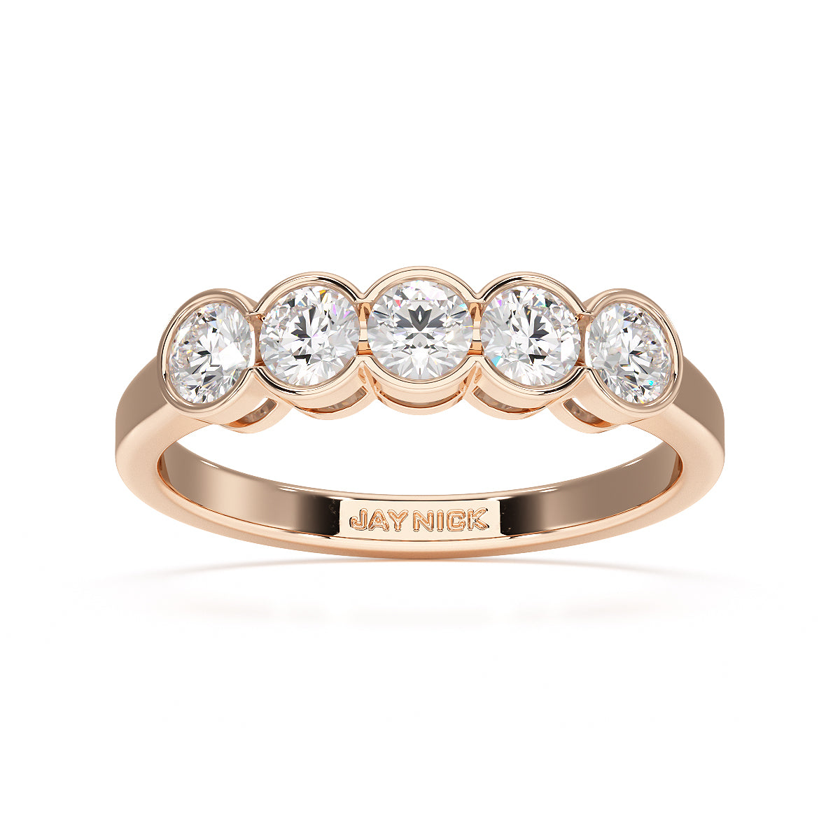 round bezel set five stone ring rose gold top view