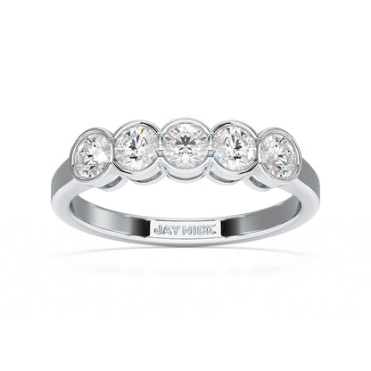 round bezel set five stone ring white gold platinum top view