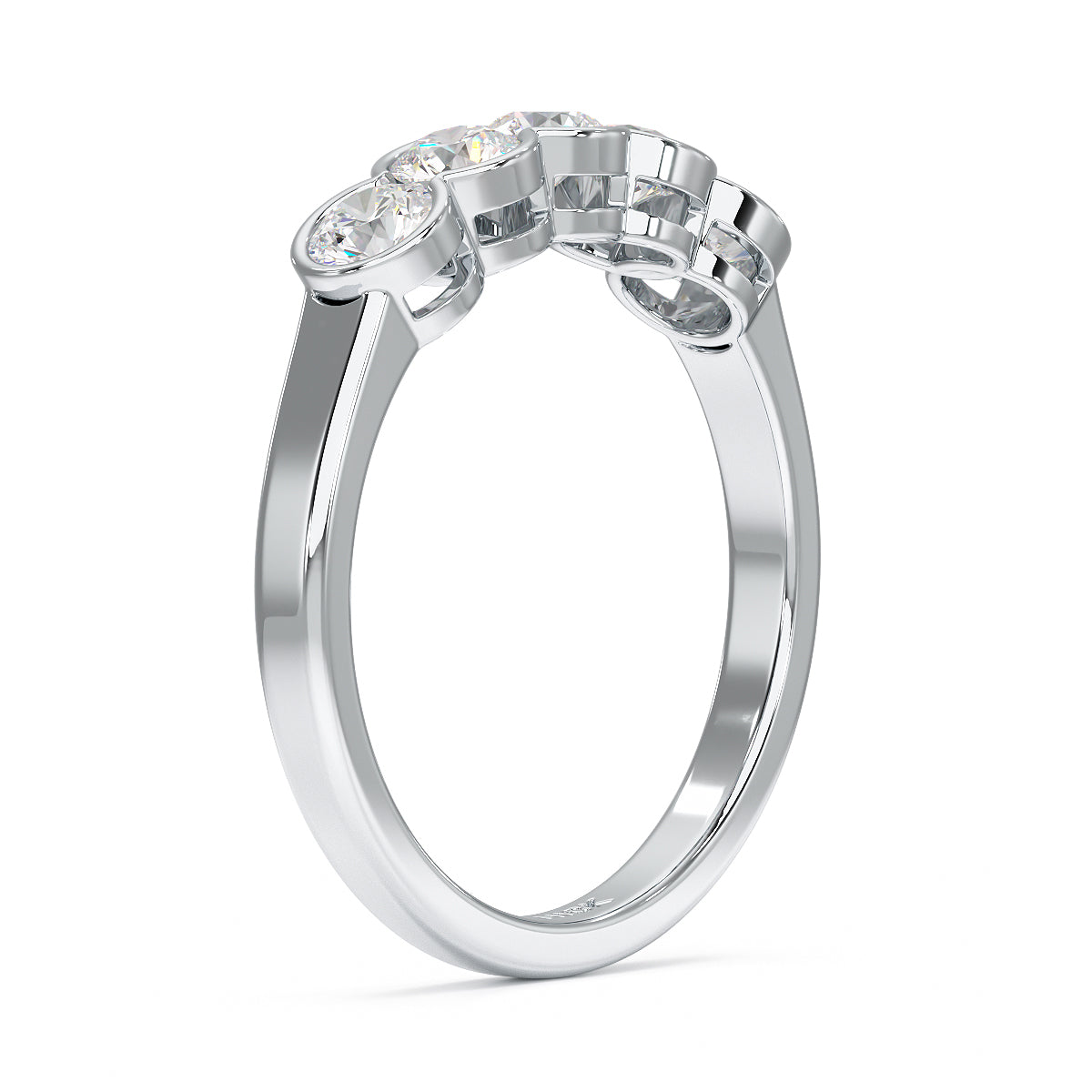 round bezel set five stone ring white gold platinum side view