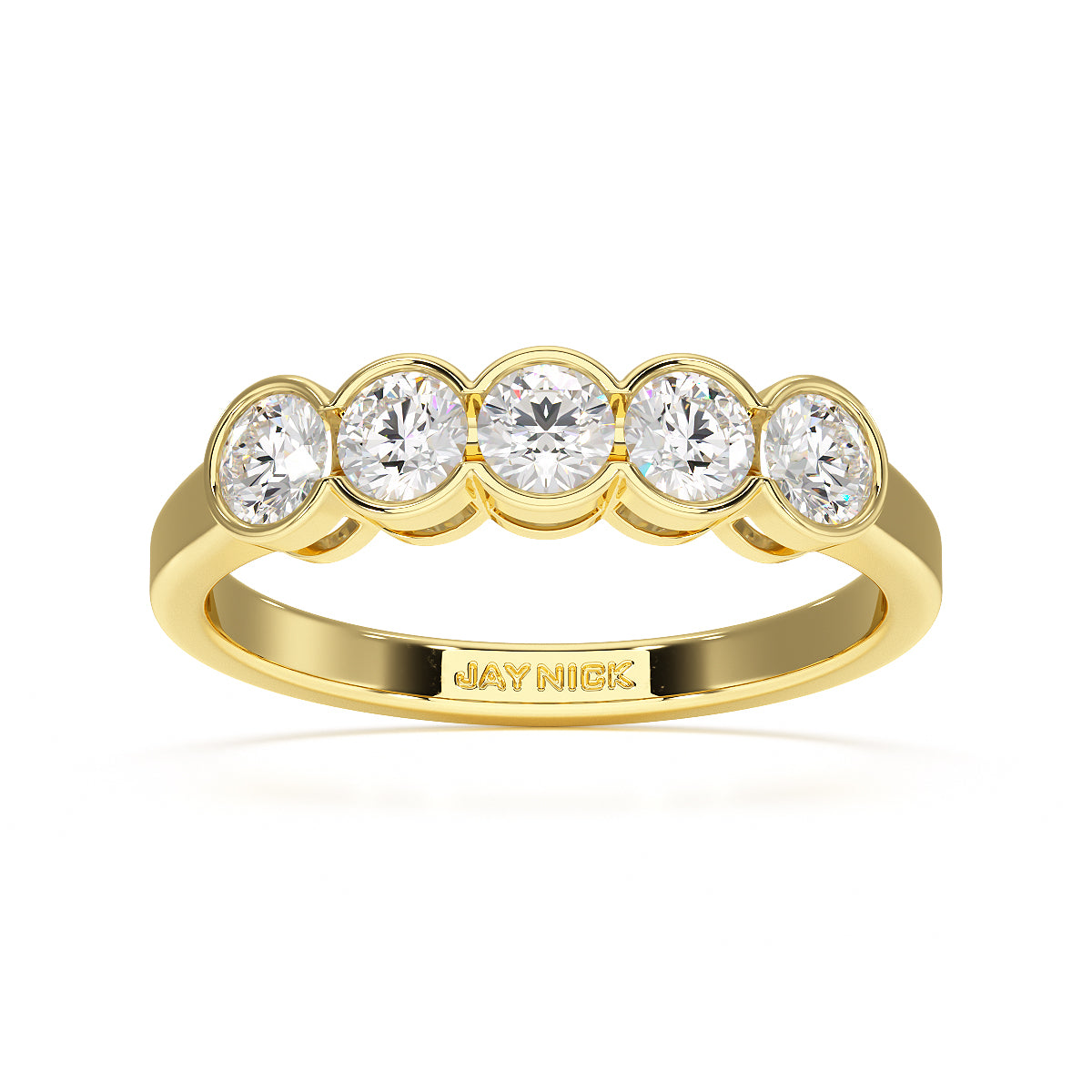 round bezel set five stone ring yellow gold top view