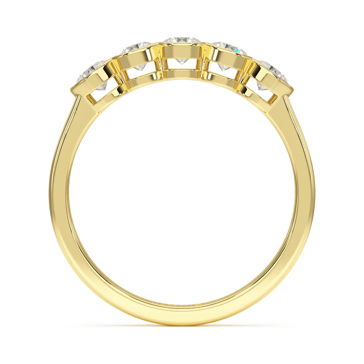 round bezel set five stone ring yellow gold flat view