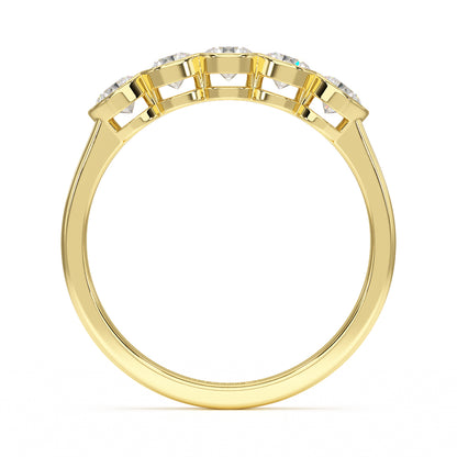 round bezel set five stone ring yellow gold flat view