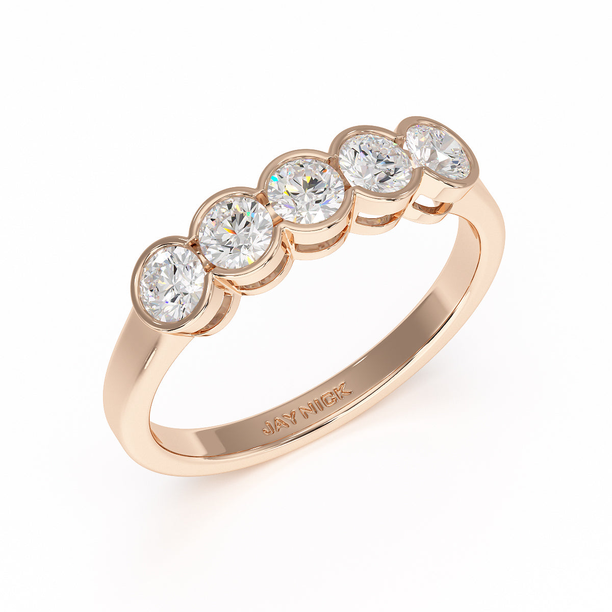 Large Round Bezel Set Five Stone Rose Gold Ring Perspective View