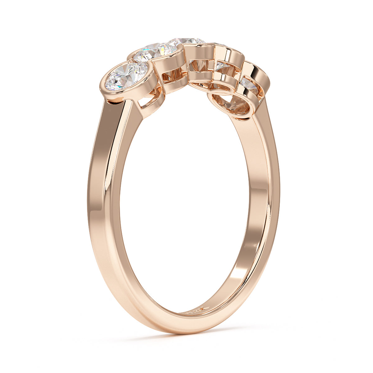 Large Round Bezel Set Five Stone Rose Gold Ring Side View