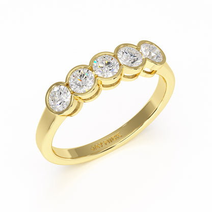 Large Round Bezel Set Five Stone Yellow Gold Ring Perspective View