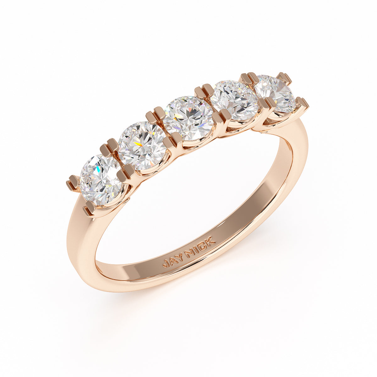 Round U Set Five Stone Rose Gold Ring Perspective View