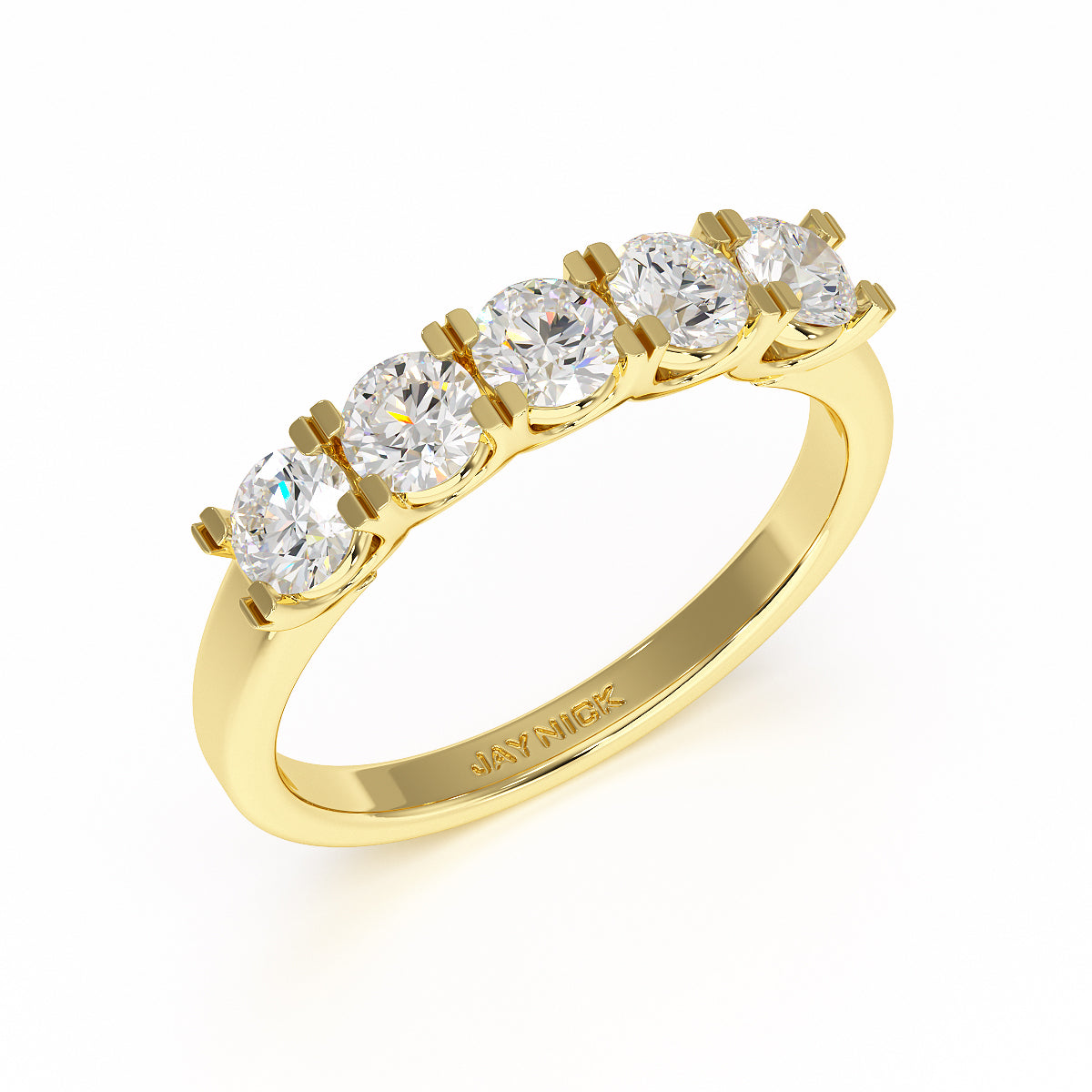 Round U Set Five Stone Yellow Gold Ring Perspective View