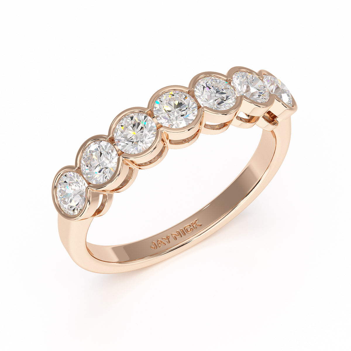 Round Bezel Set Seven Stone Rose Gold Ring Perspective View