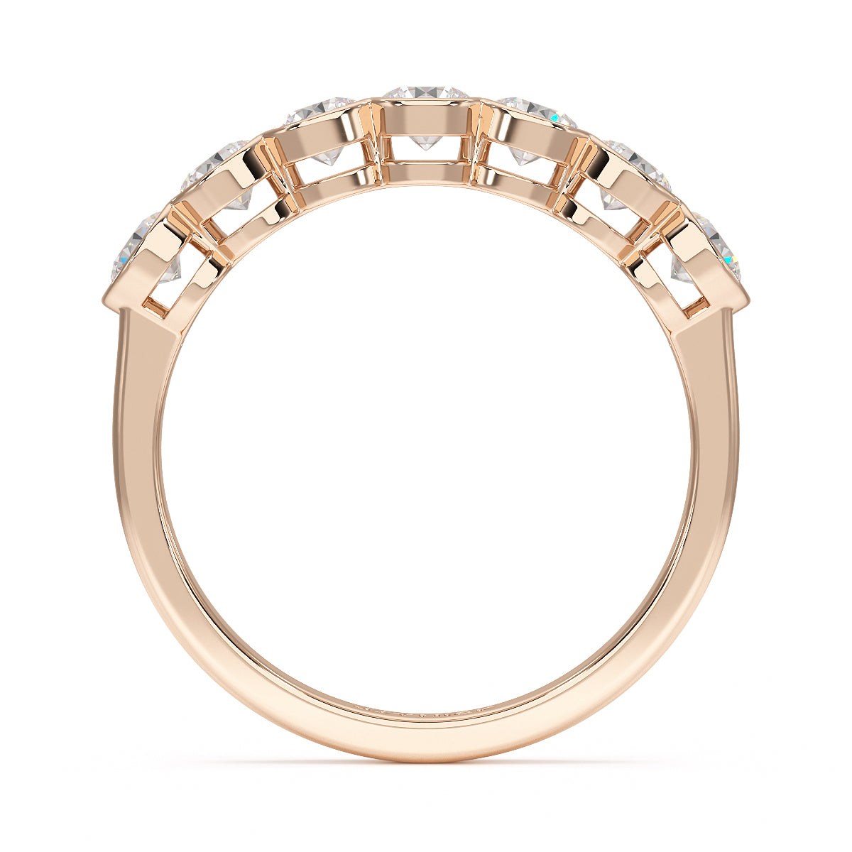 Round Bezel Set Seven Stone Rose Gold Ring Flat View