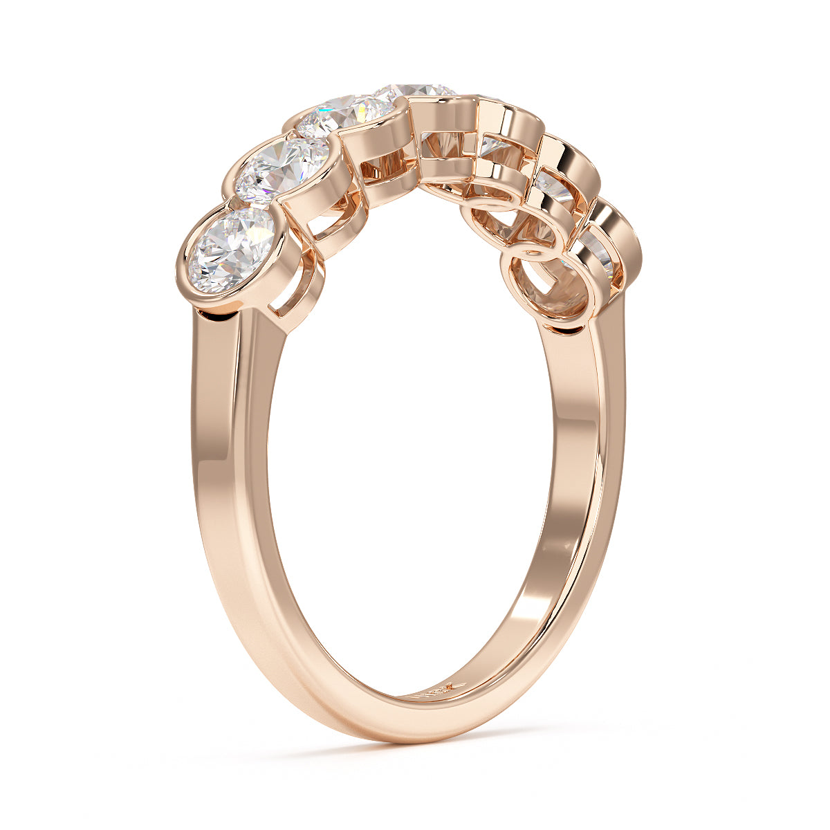 Round Bezel Set Seven Stone Rose Gold Ring Side View