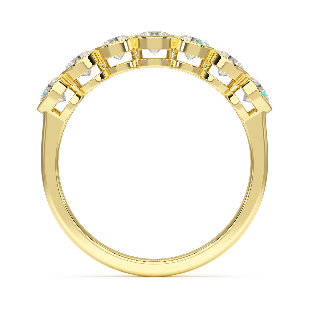 Round Bezel Set Seven Stone Yellow Gold Ring Flat View