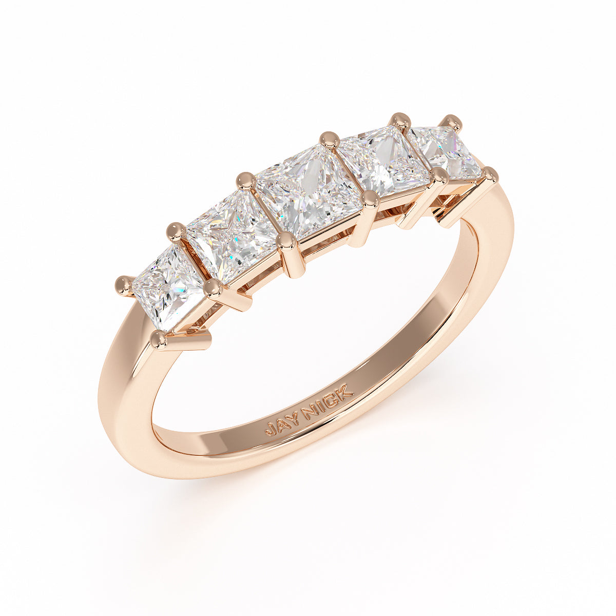 Princess Cut Five Stone Graduated Rose Gold Ring Perspective View