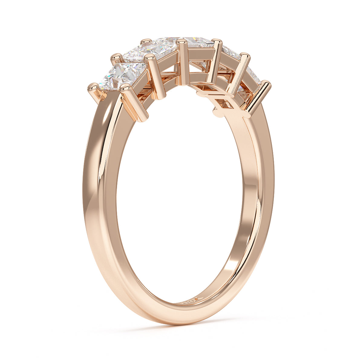 Princess Cut Five Stone Graduated Rose Gold Ring Side View