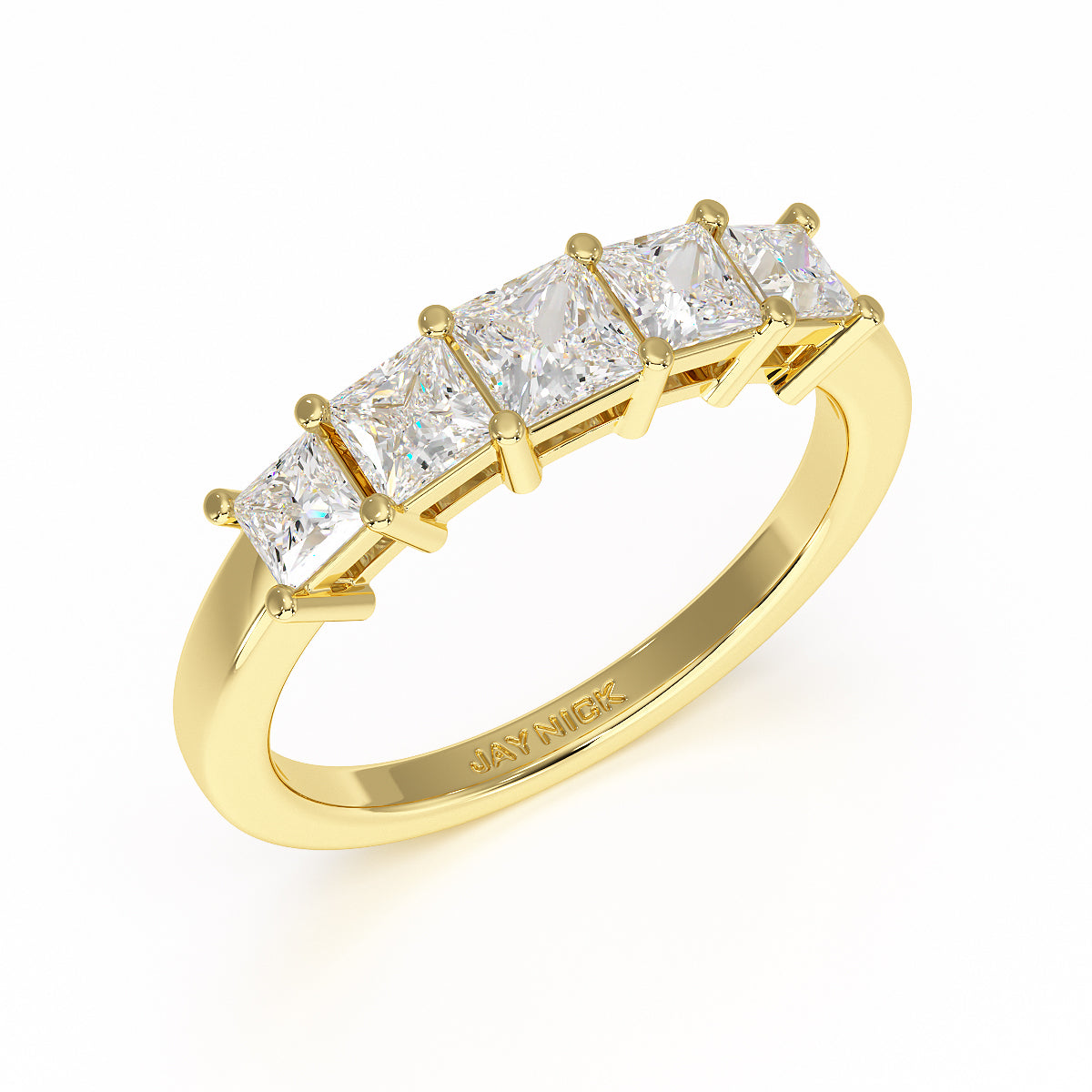 Princess Cut Five Stone Graduated Yellow Gold Ring Perspective View