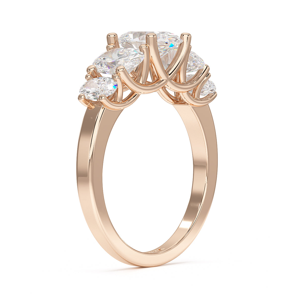 Oval Cut Five Stone Graduated Rose Gold Ring Side View