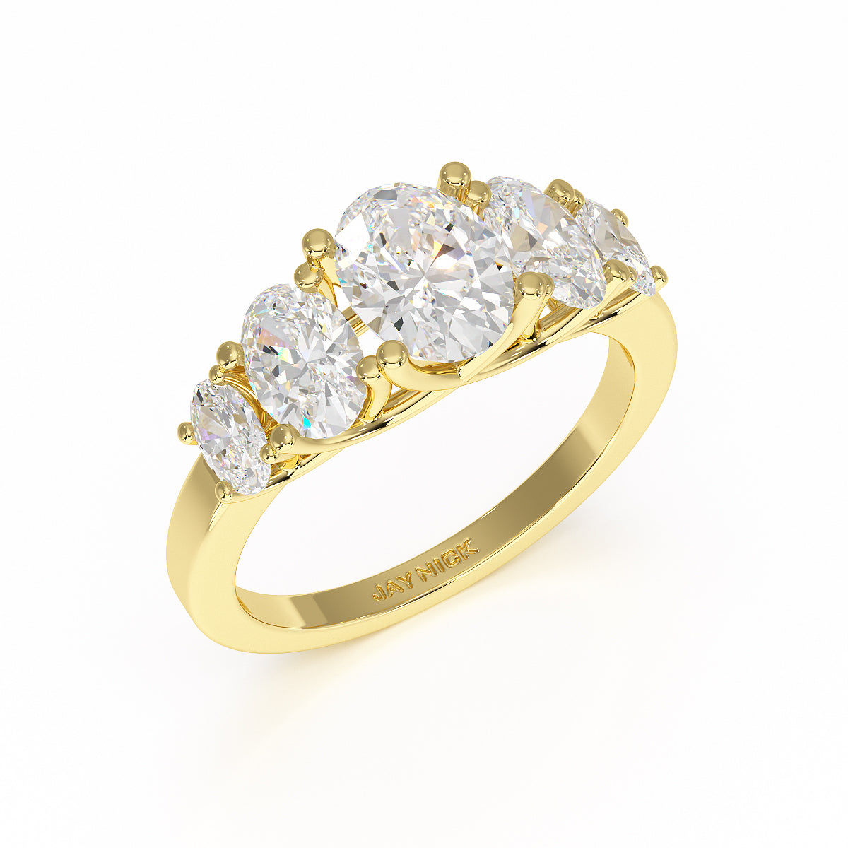 Oval Cut Five Stone Graduated Yellow Gold Ring Perspective View