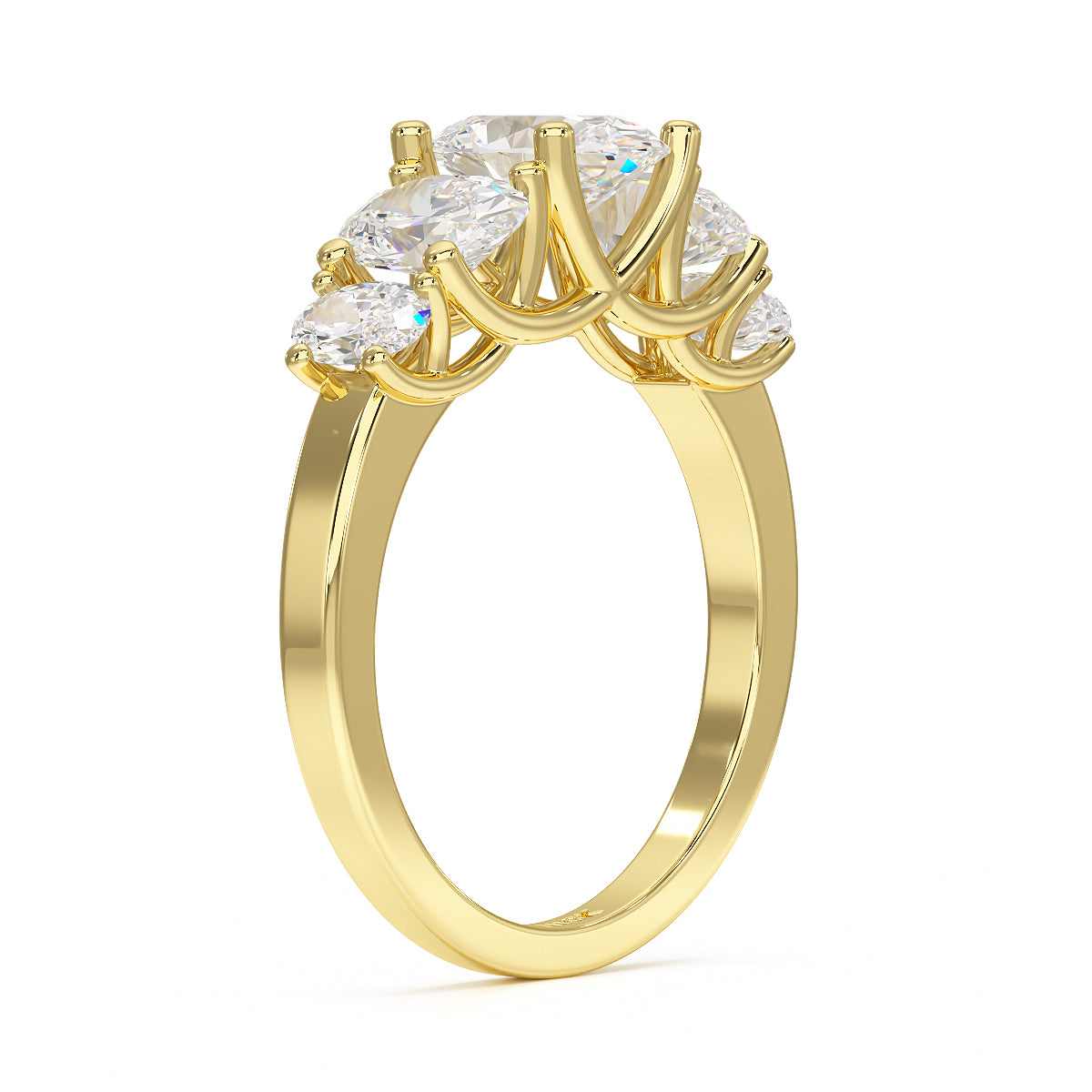 Oval Cut Five Stone Graduated Yellow Gold Ring Side View