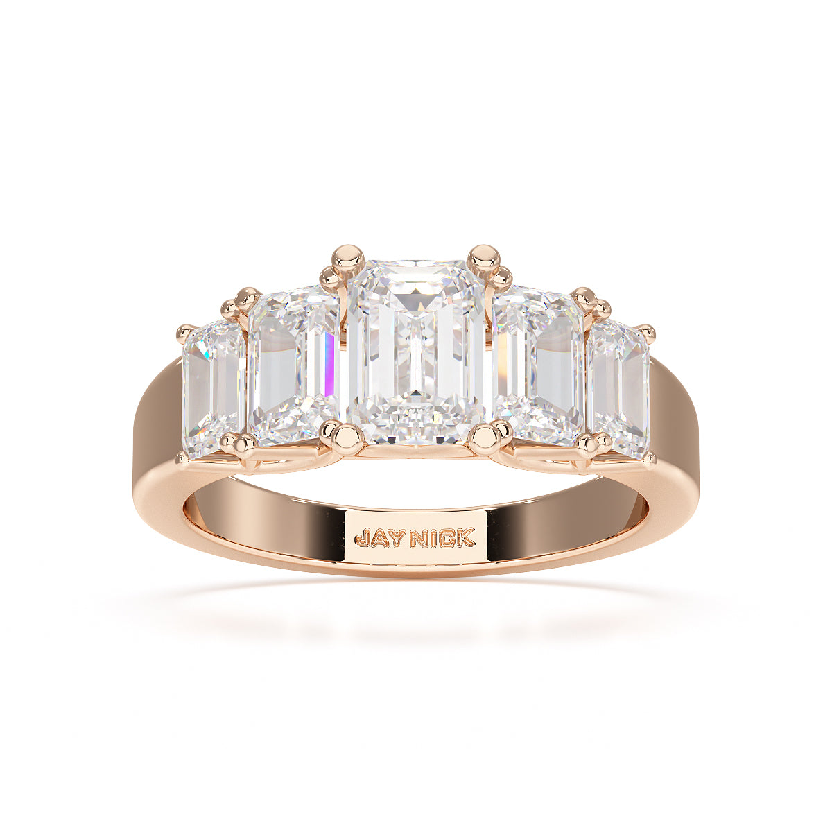 Emerald Cut Five Stone Graduated Rose Gold Ring Top View