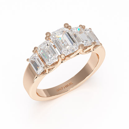 Emerald Cut Five Stone Graduated Rose Gold Ring Perspective View