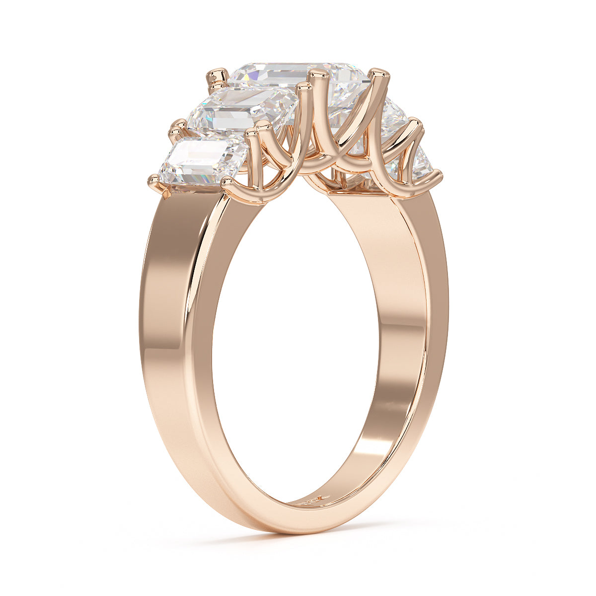 Emerald Cut Five Stone Graduated Rose Gold Ring Side View