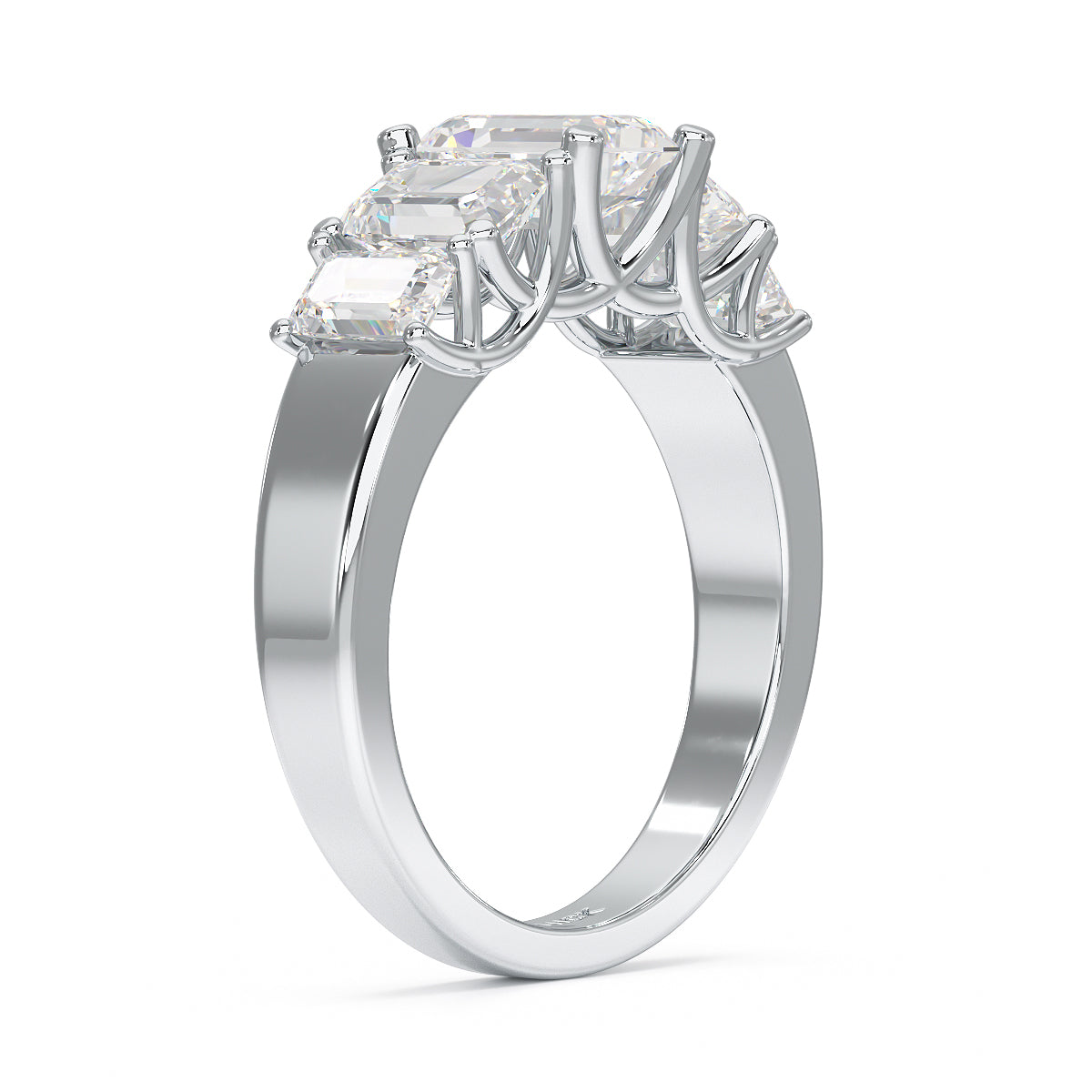 Emerald Cut Five Stone Graduated White Gold Platinum Ring Side View