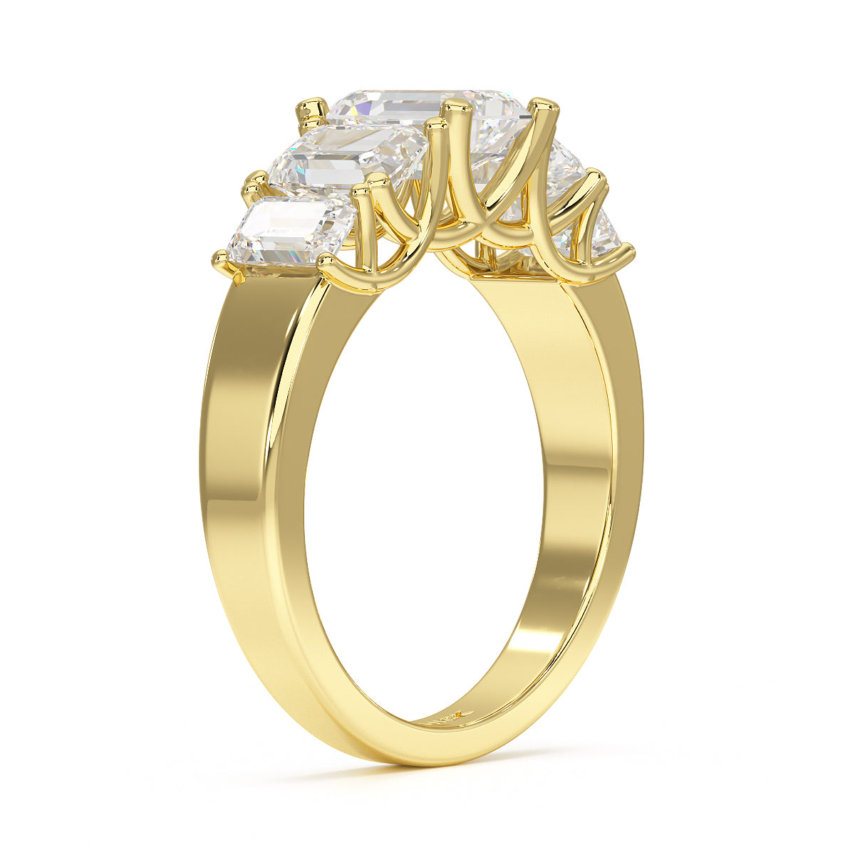 Emerald Cut Five Stone Graduated Yellow Gold Ring Side View