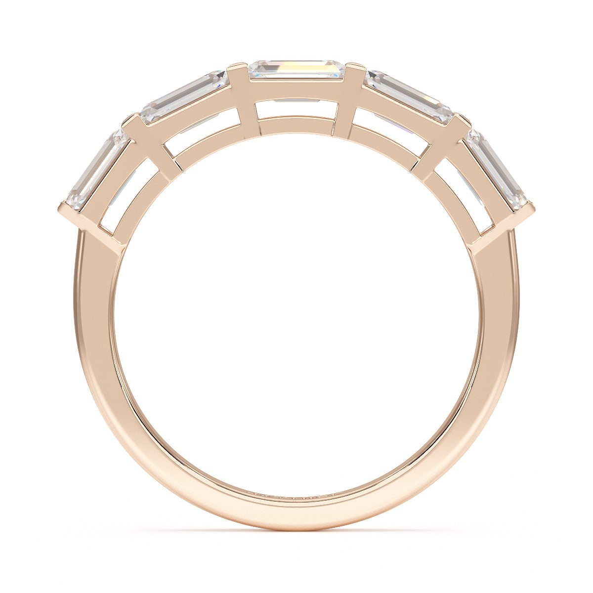 Horizontal Set Emerald Five Stone Rose Gold Ring Flat View