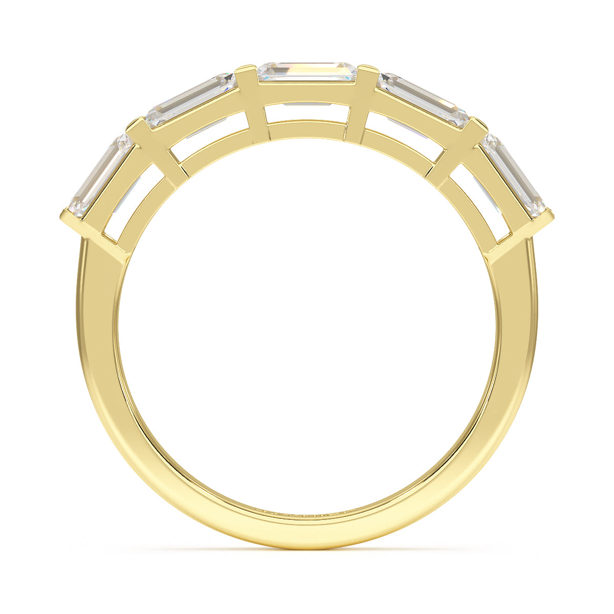 Horizontal Set Emerald Five Stone Yellow Gold Ring Flat View