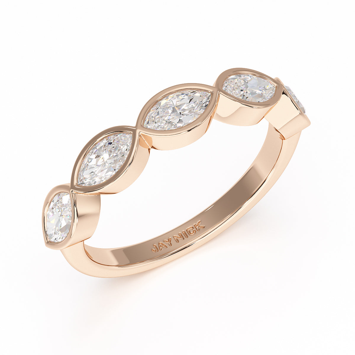 Marquise Bezel Set Five Stone Rose Gold Ring Perspective View