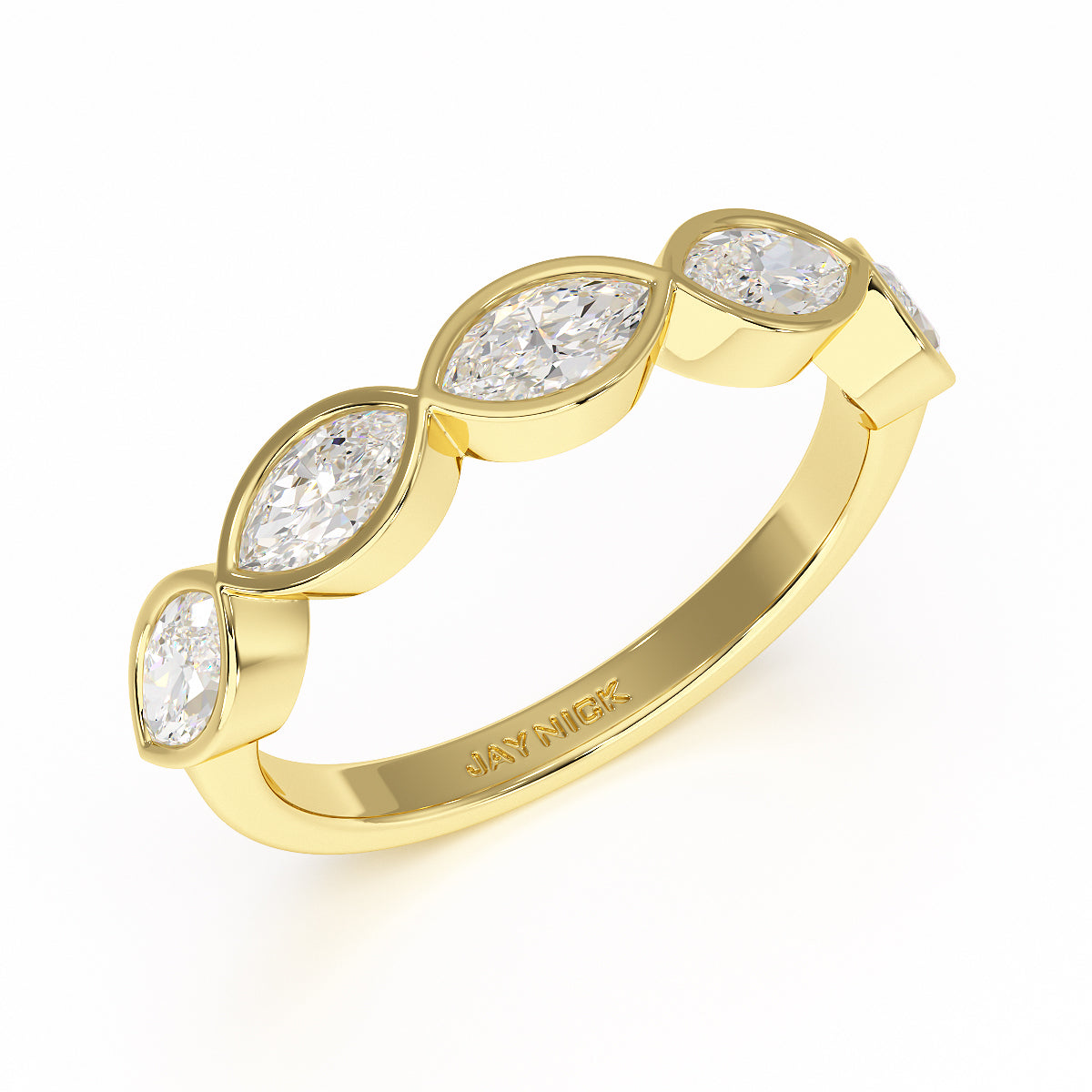 Marquise Bezel Set Five Stone Yellow Gold Ring Perspective View