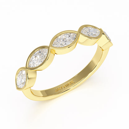 Marquise Bezel Set Five Stone Yellow Gold Ring Perspective View