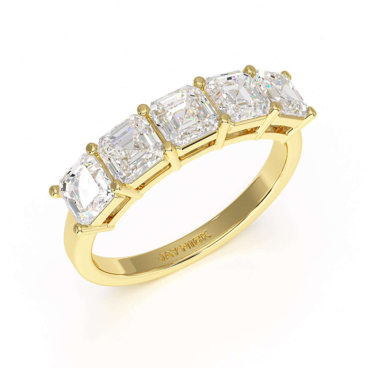 Asscher Five Stone Yellow Gold Ring Perspective View