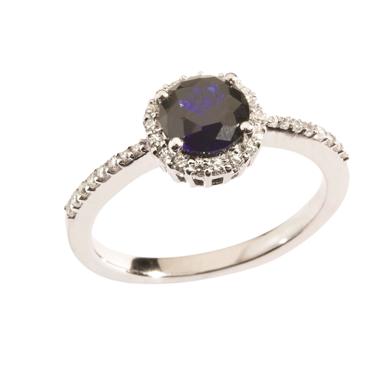 Round Blue Sapphire Studded Shoulder Halo Ring