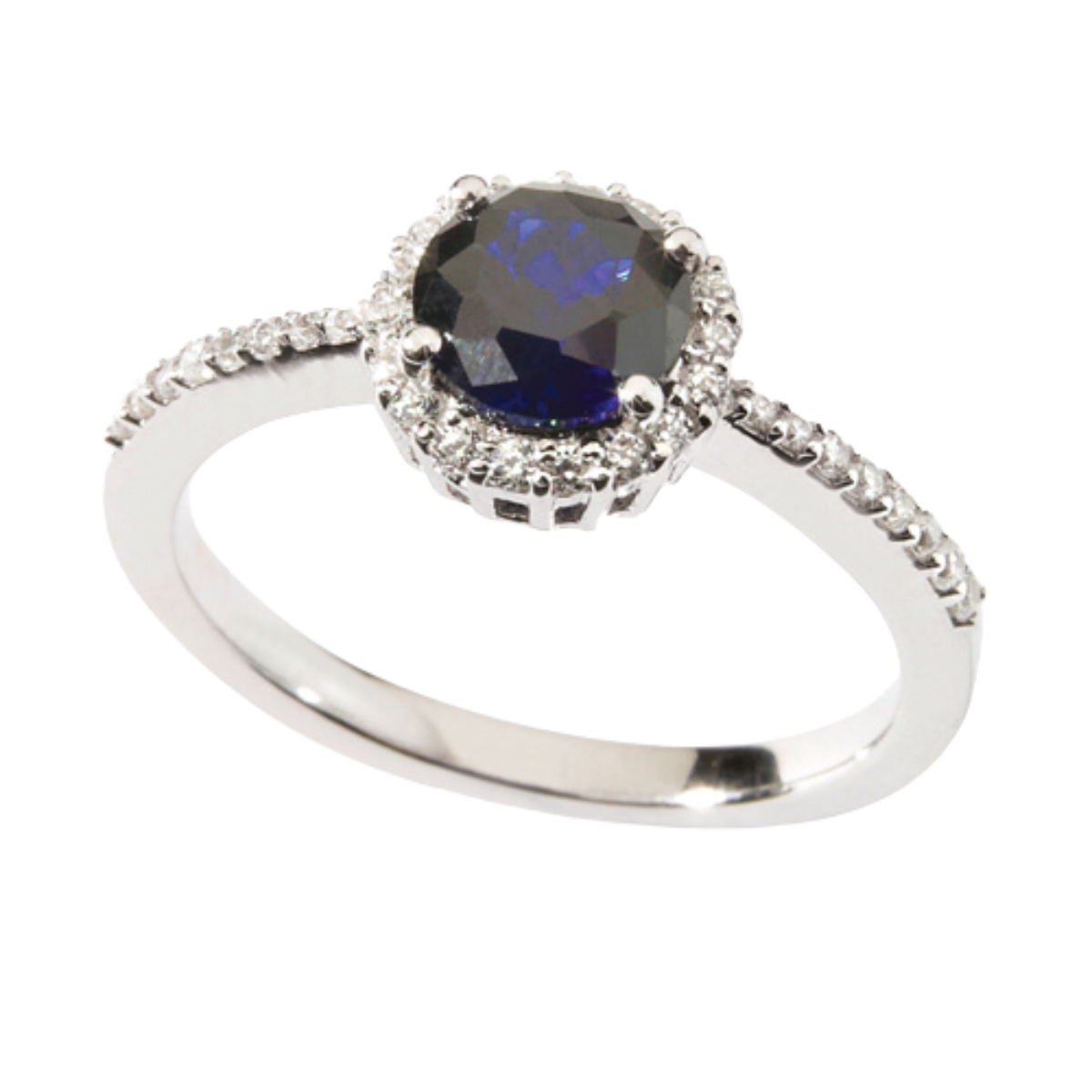 Round Blue Sapphire Studded Shoulder Halo Ring