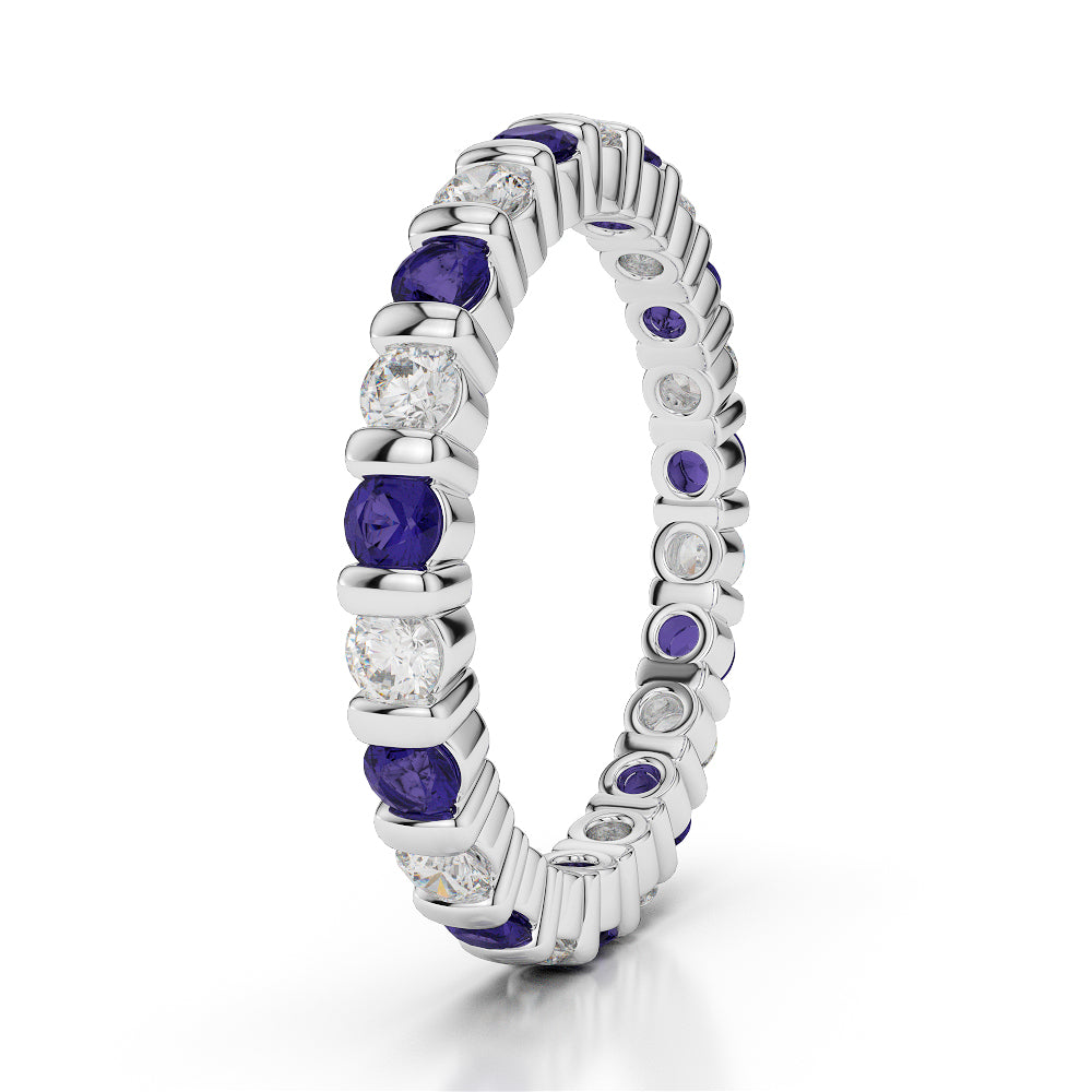 1.70ct Diamond &amp; Blue Sapphire Bar Set Full Eternity Ring Platinum