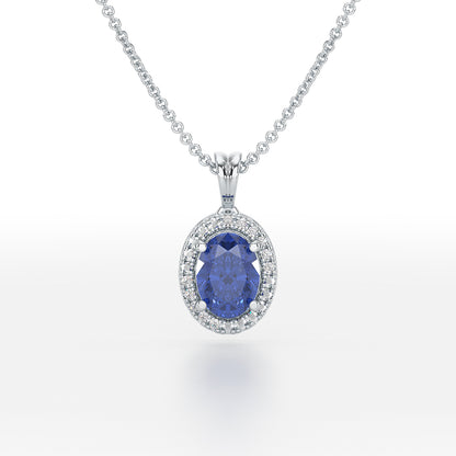 Large Oval Blue Sapphire Halo Pendant