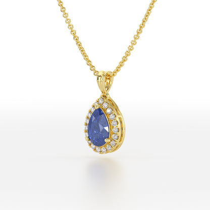 Large Pear Blue Sapphire Halo Pendant