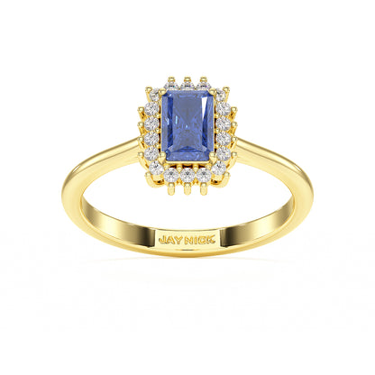 Rectangular Blue Sapphire Sunburst Ring