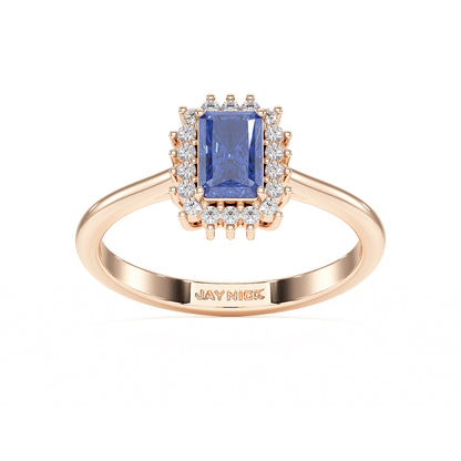 Rectangular Blue Sapphire Sunburst Ring