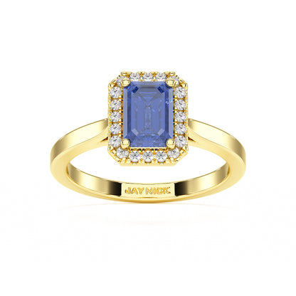 Rectangular Blue Sapphire Halo Ring